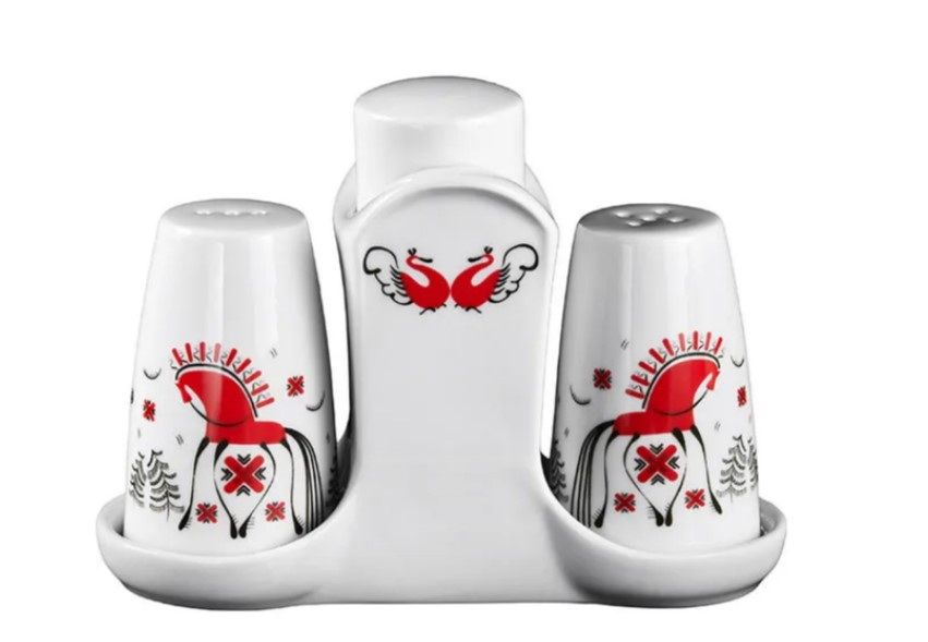 Подставка под емкости для специй Башкирский фарфор Мезень Принц Лебеди H 105 мм, L 168 мм, B 65 мм белая, красная артикул ИПС 03.168.Д1302:07