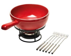 Набор для фондю Emile Henry 2,5 л, H 90 мм, D 220 мм красный (кастрюля, подставка, подставка для топлива, 6 вилок) артикул 349922
